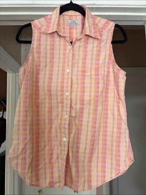 GUESS Pink and Yellow Plaid Sleeveless Button-Down Shirt Size Medium